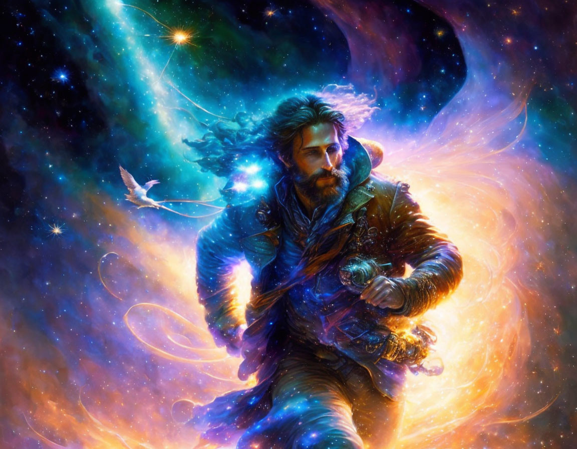 Colorful digital art: Bearded man in space with galaxies, stars, dove, cosmic energy.