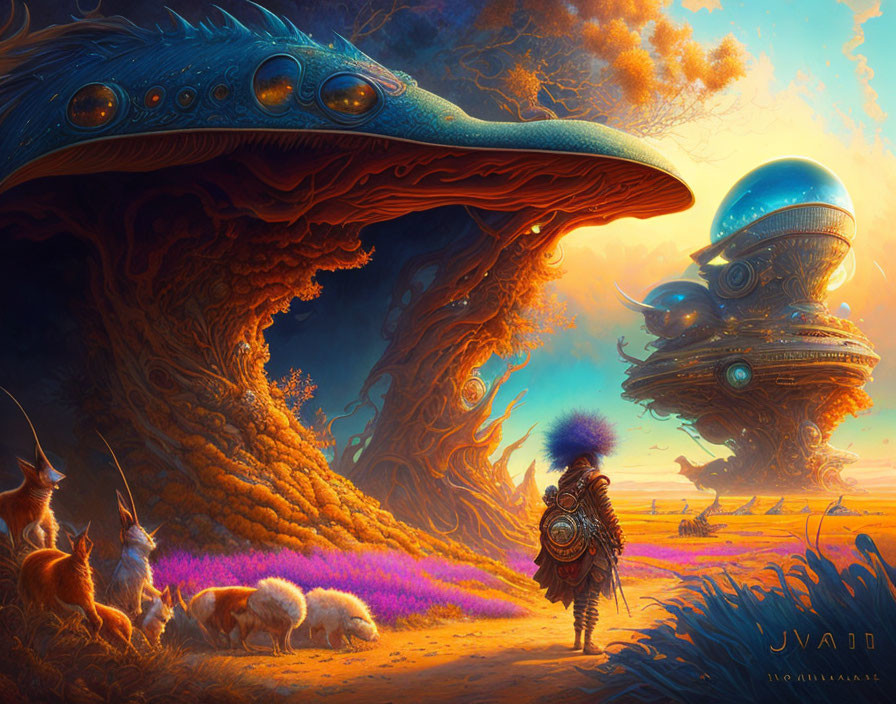 Vibrant orange alien landscape with futuristic structures & whimsical creatures