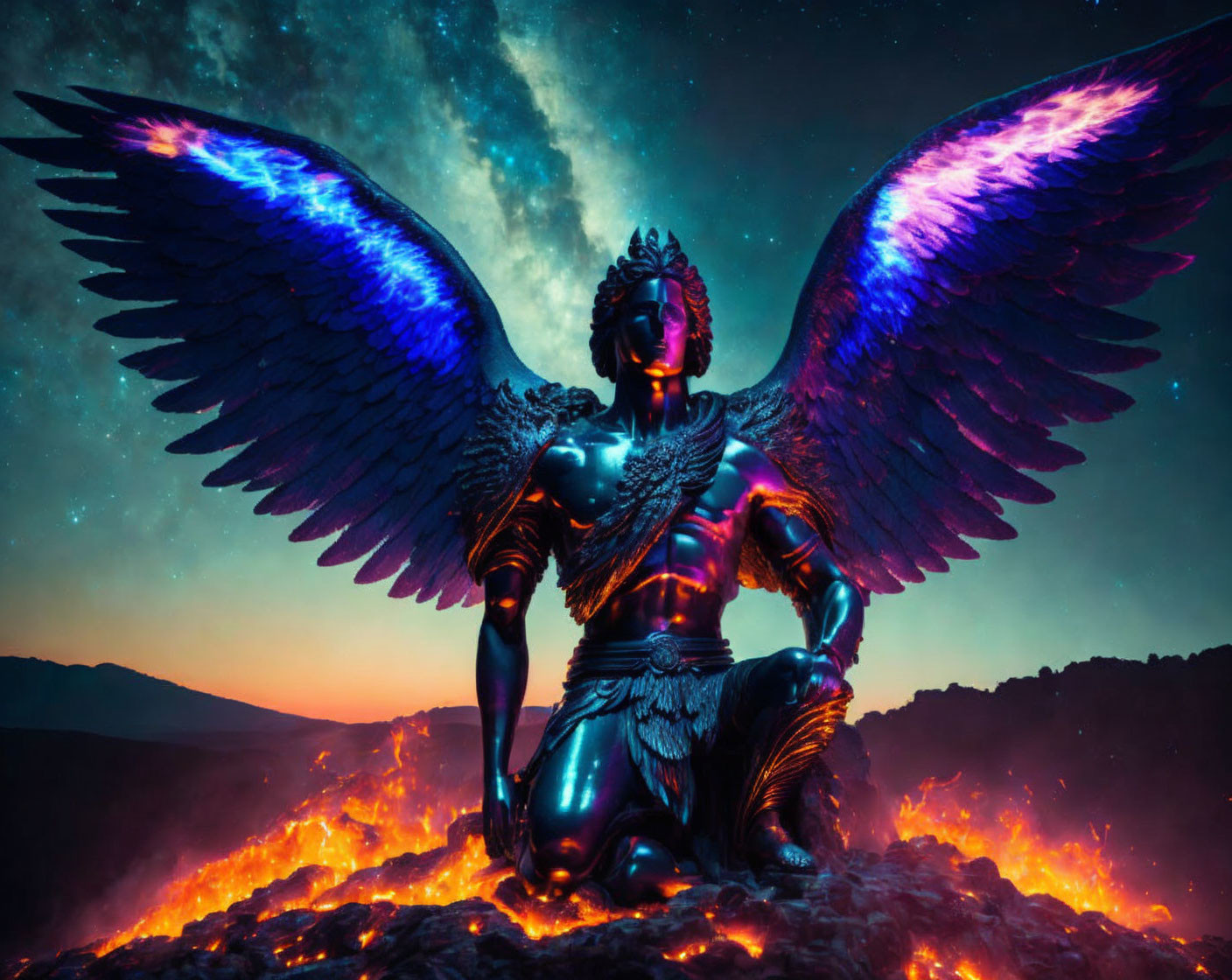 Iridescent-winged mythical figure in lava under starry sky