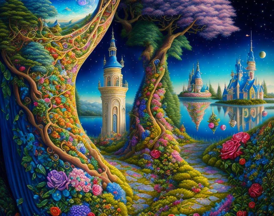 Fantasy landscape at night with flower-lined pathway to castle amid lush trees under starry sky