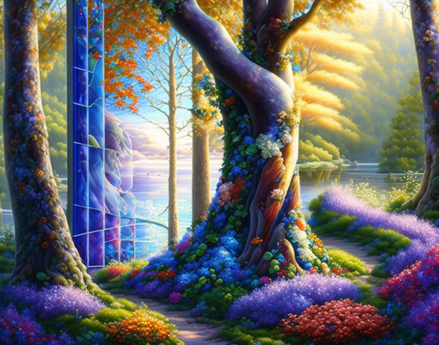 Colorful Fantasy Landscape with Trees, Flowers, Lake, and Glowing Doorway