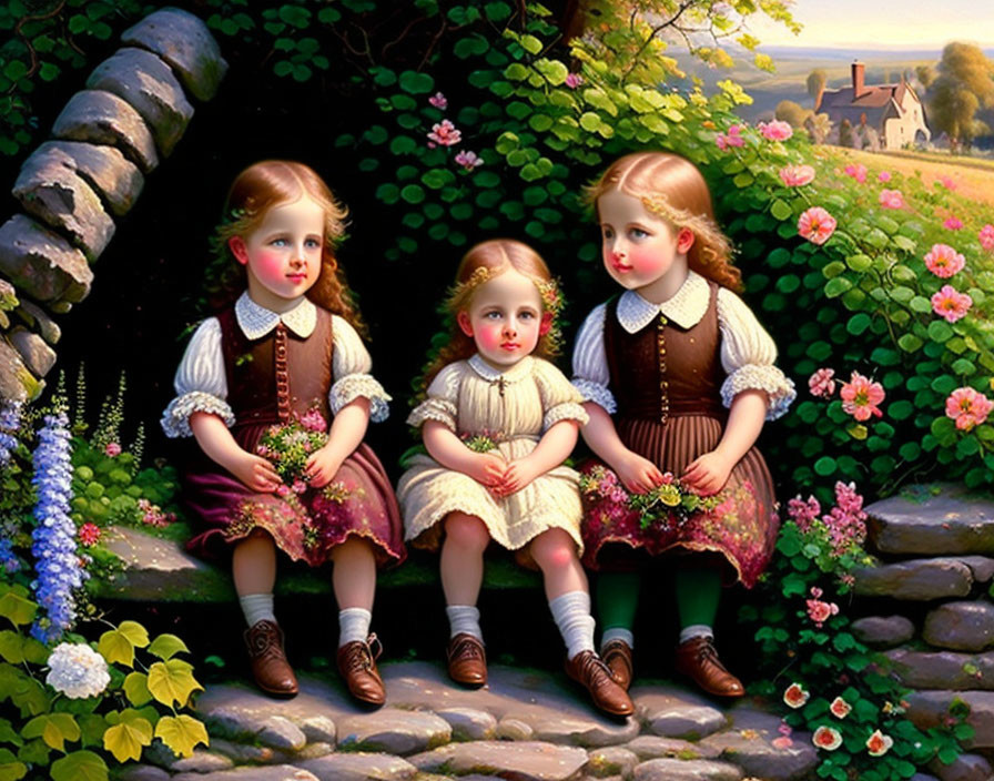 Vintage Dresses: Three Young Girls Surrounded by Greenery and Flowers