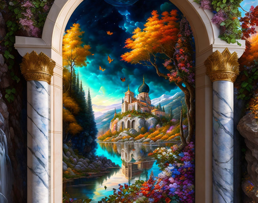 Fantasy landscape with autumn trees, castle, butterflies, and starry night sky