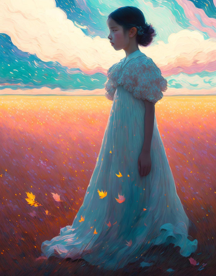 Young woman in blue dress in glowing field with falling leaves and pastel sky