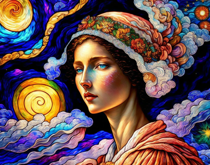 Vibrant artwork: woman in colorful headscarf under starry night sky