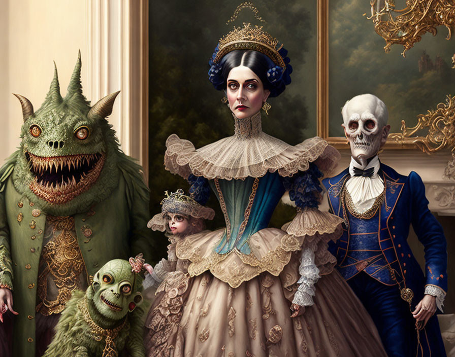 Victorian-era family portrait with fantastical elements: pale woman, skeletal figure, green creatures