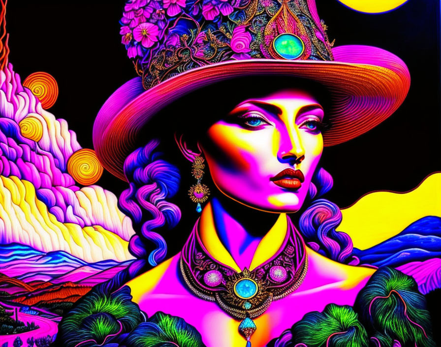 Colorful Psychedelic Artwork of Woman in Ornate Hat & Surreal Landscape