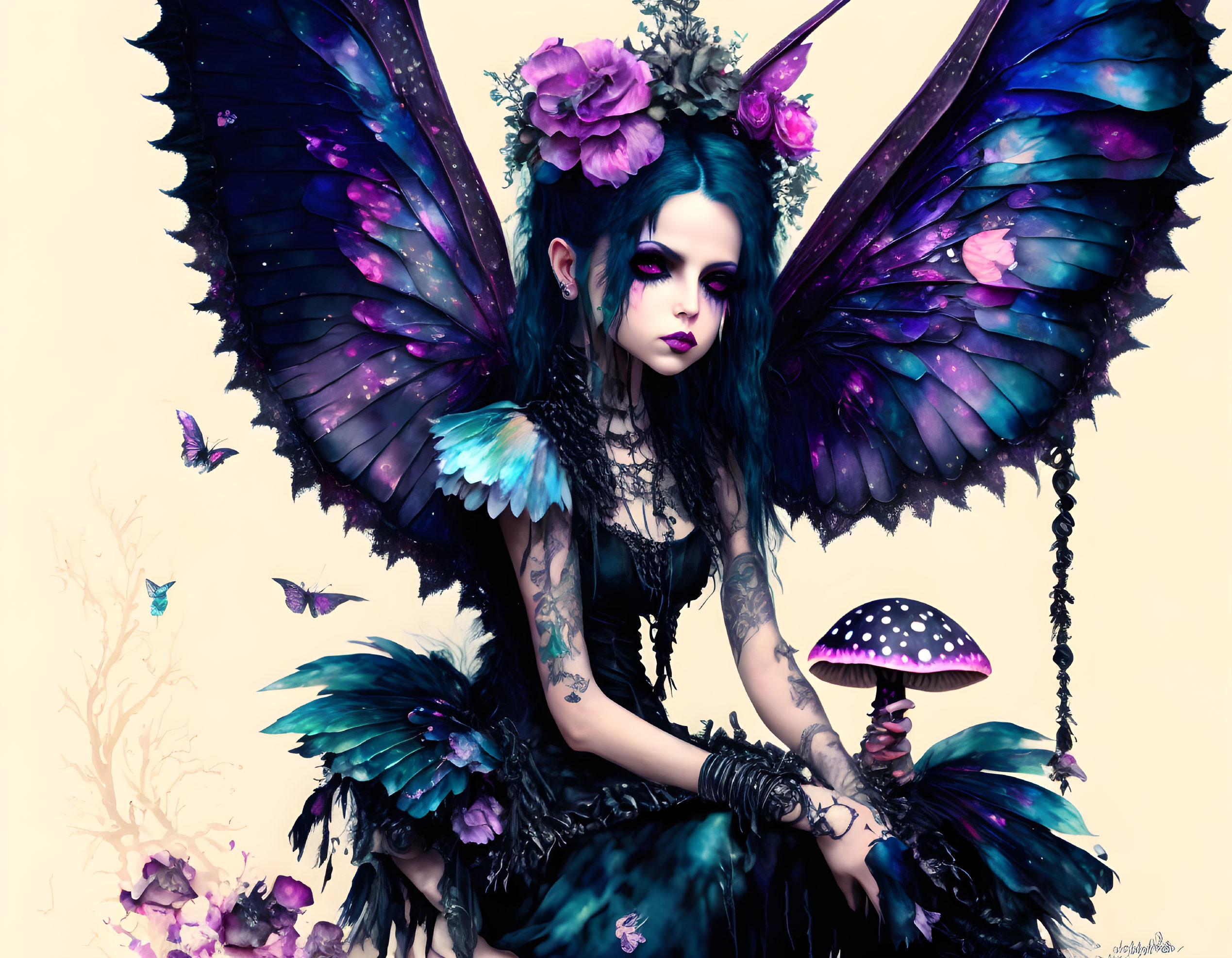 Gothic fairy with iridescent wings in mystical setting