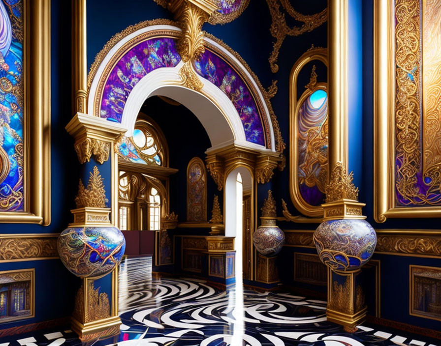 Luxurious Hall with Gold Trim, Arches, Stained Glass, Globes, and Patterned