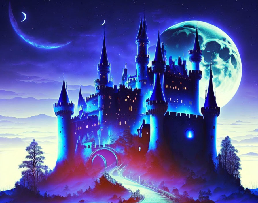 Majestic castle under starry night sky with crescent and full moon.