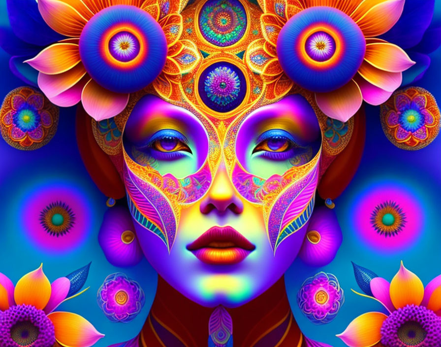 Symmetrical floral-themed digital artwork of a woman's face