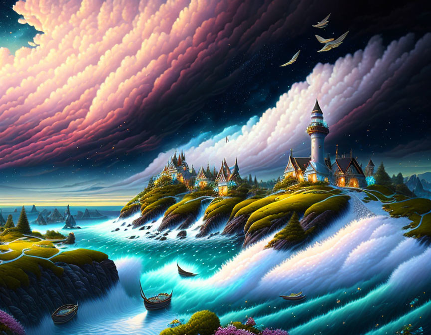 Fantasy landscape with lighthouse, colorful houses, boats, glowing water, and pink clouded sky