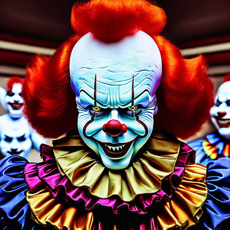 Menacing clown with red hair and evil grin, surrounded by blurred clown figures