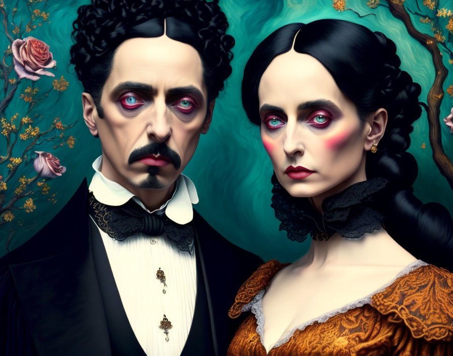 Gothic-style portrait of pale man and woman with dark hair and dramatic makeup on teal background with