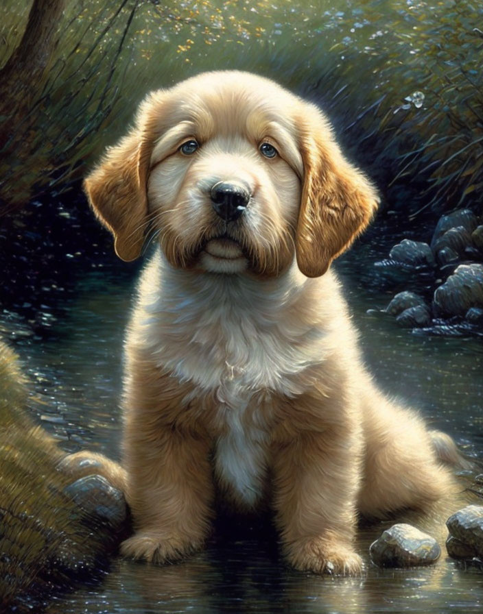 Brown and White Puppy by Stream with Rocks and Sunlight