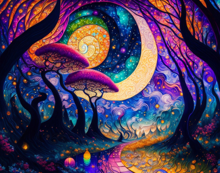 Colorful fantasy landscape with swirling trees, glowing mushrooms, moon, and starry sky.