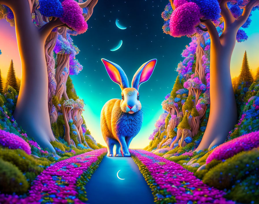 Fantastical landscape with giant rabbit on luminous path