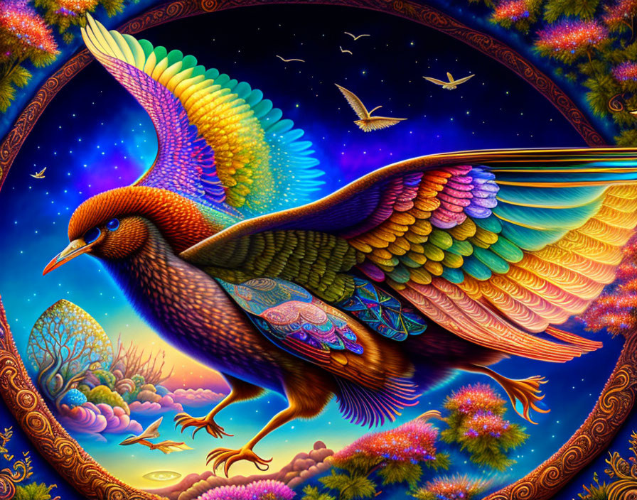 Majestic multicolored bird in flight over surreal night sky