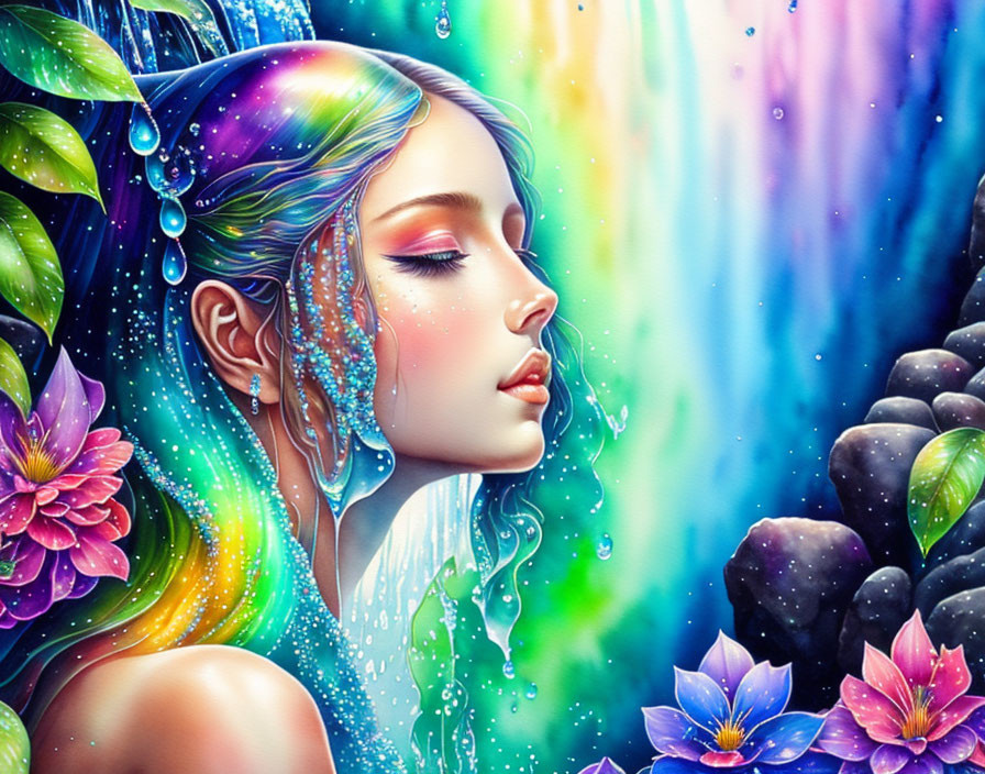 Colorful digital artwork of woman with rainbow hair in floral setting