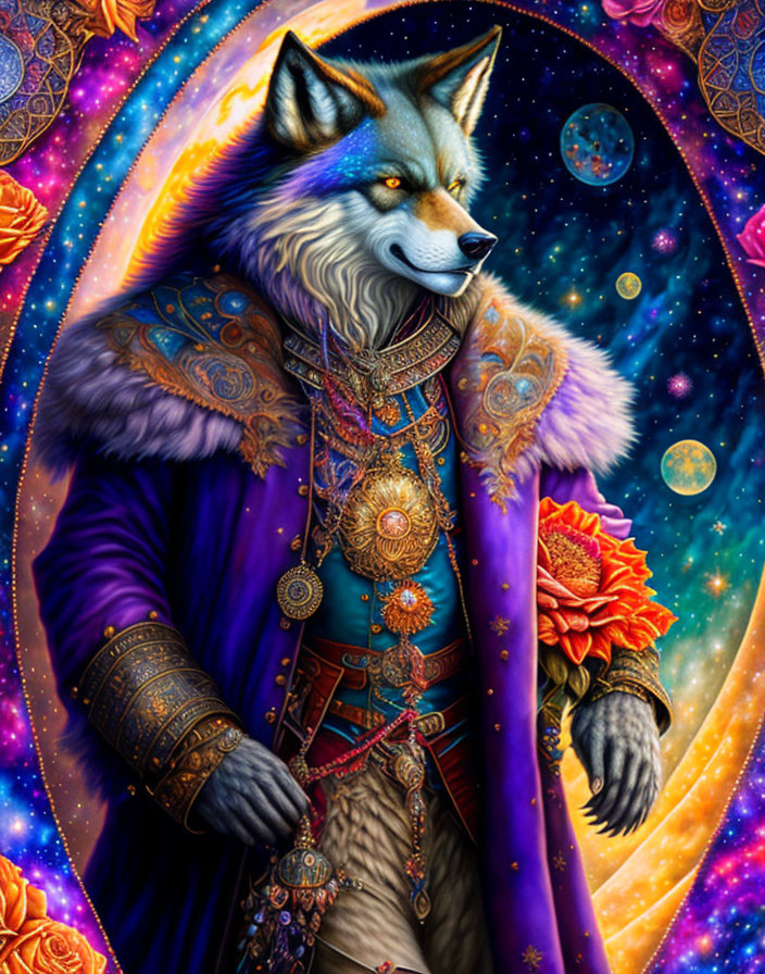 Anthropomorphic wolf in opulent robes against cosmic backdrop