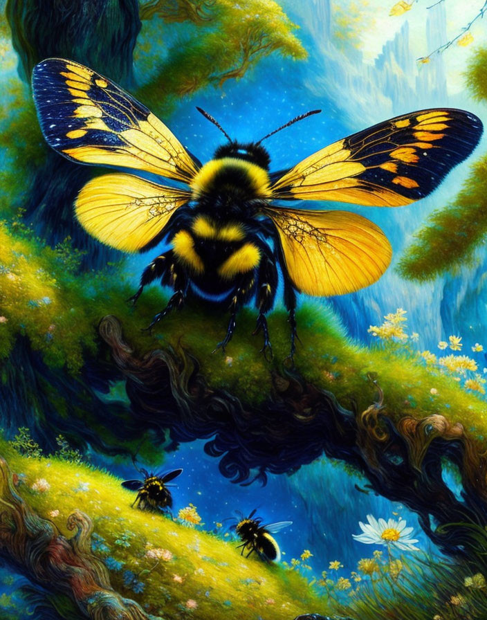 Colorful painting of a large bee flying over a whimsical forest