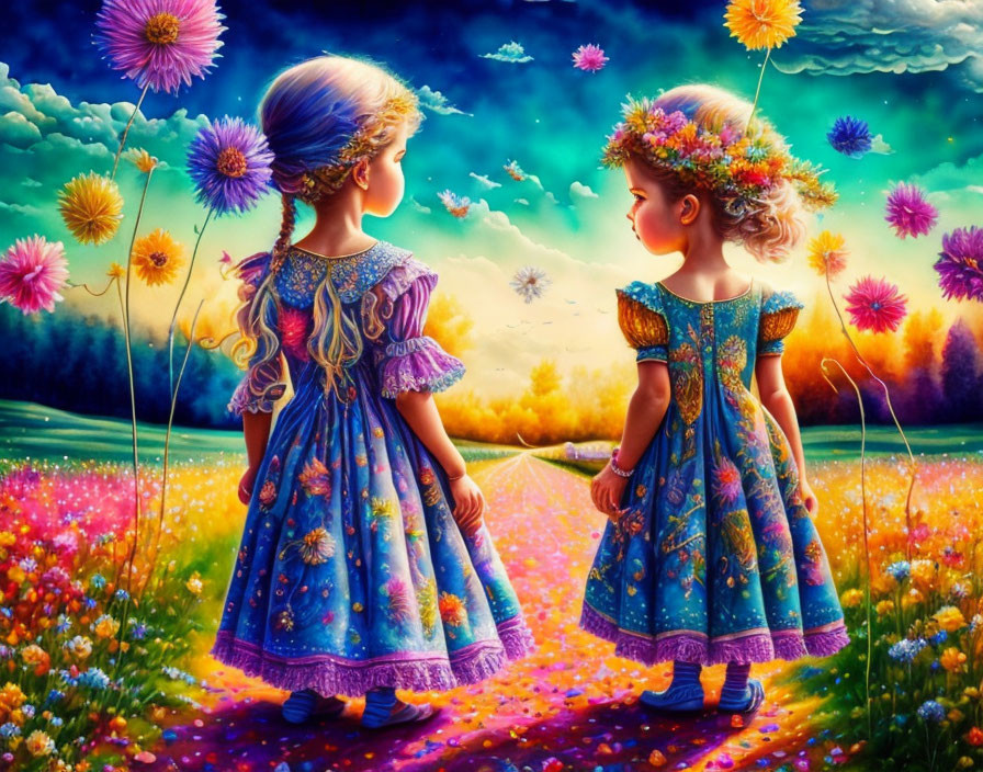 Two young girls in blue dresses exchanging flowers in colorful, magical meadow