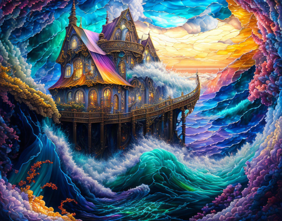 Fantastical golden castle on cliff with swirling sea waves and colorful clouds