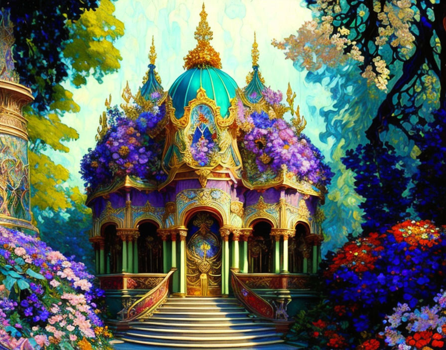 Colorful Pavilion with Blue-and-Gold Dome and Blooming Flowers