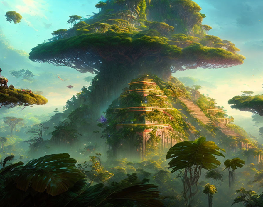 Giant fantasy tree with terraced structures in vibrant jungle