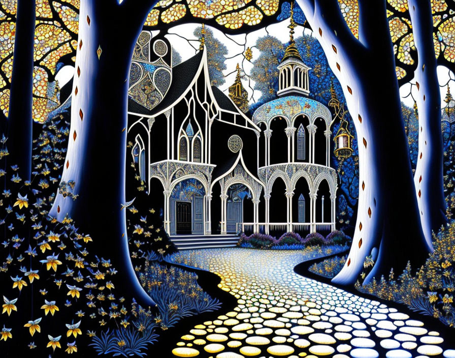 Digital illustration: Fairy-tale cathedral framed by dark trees and glowing leaves