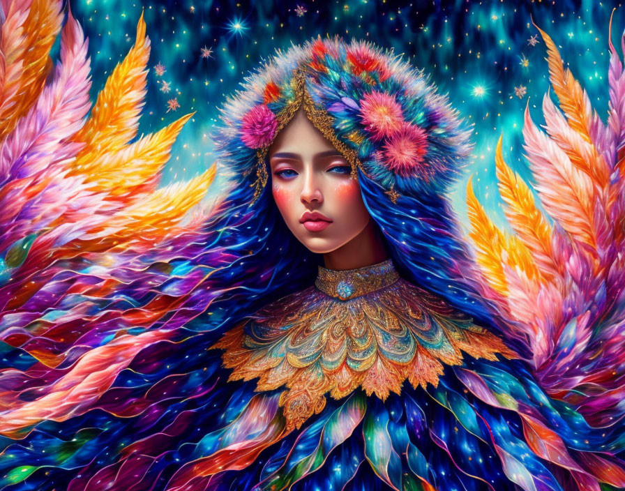 Vibrant Woman with Feathers and Flowers in Cosmic Setting