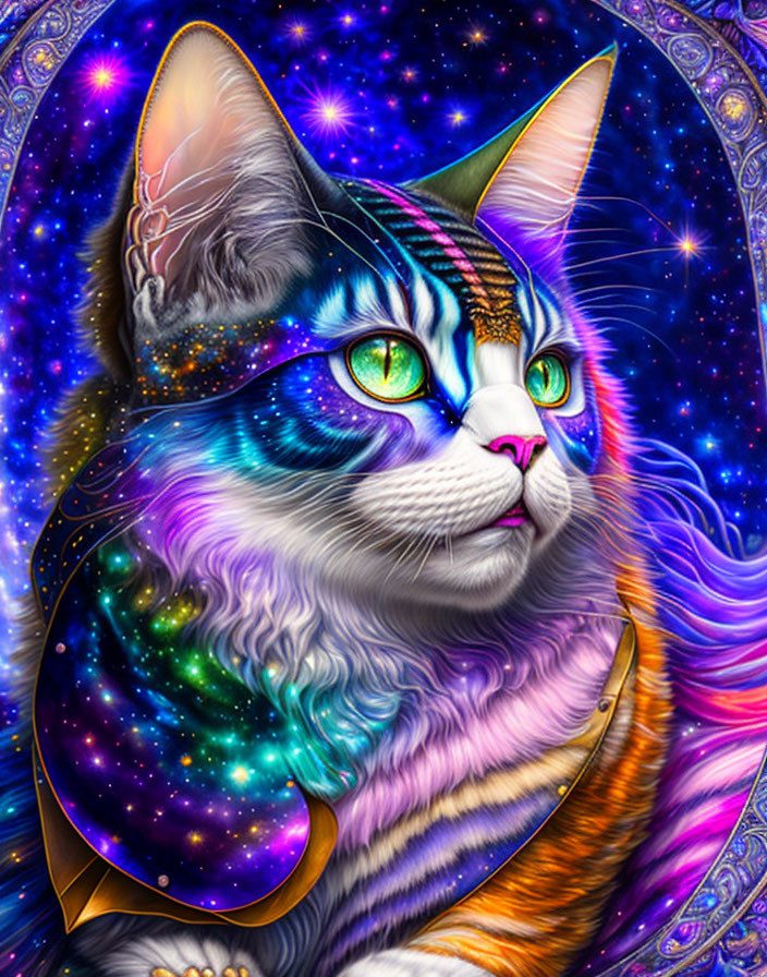 Colorful Cosmic Cat Artwork with Space Background