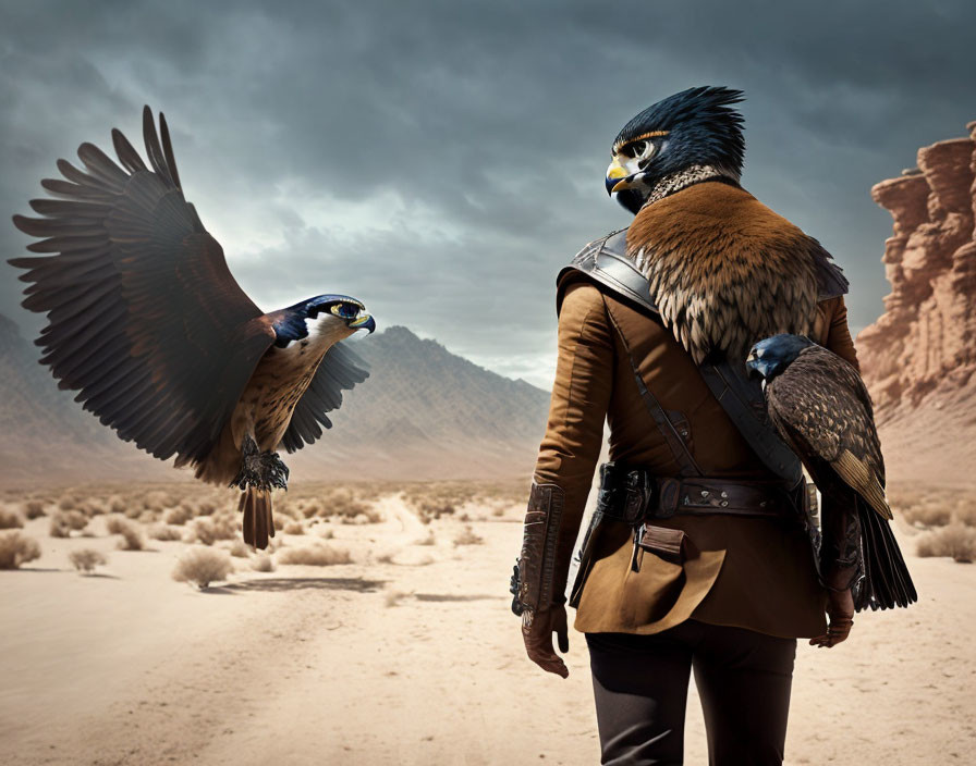 Falcon-headed figure in leather jacket standing in desert with flying falcons