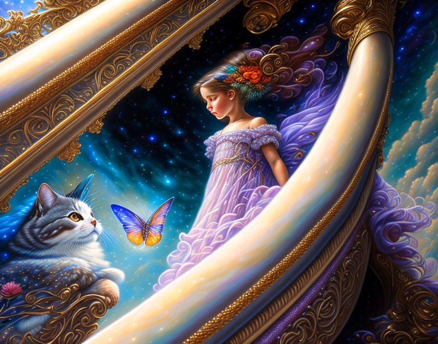 Girl in purple dress with butterfly and cat in starry staircase setting