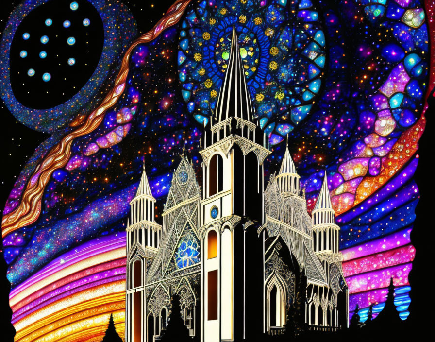 Psychedelic Gothic cathedral amidst cosmic galaxies