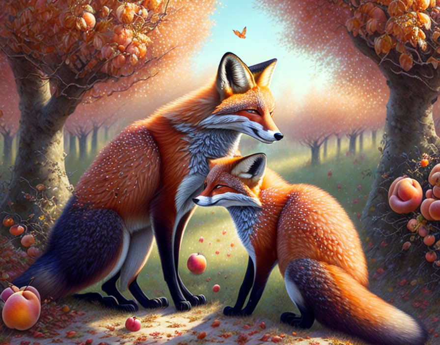 Vibrant foxes in magical orchard with glowing trees and falling leaves