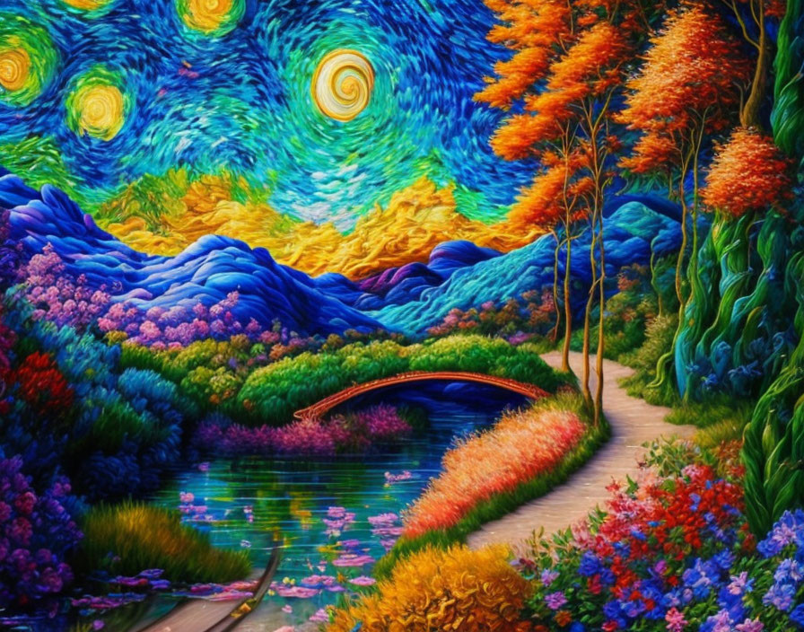 Colorful Landscape Painting with Swirling Skies and River