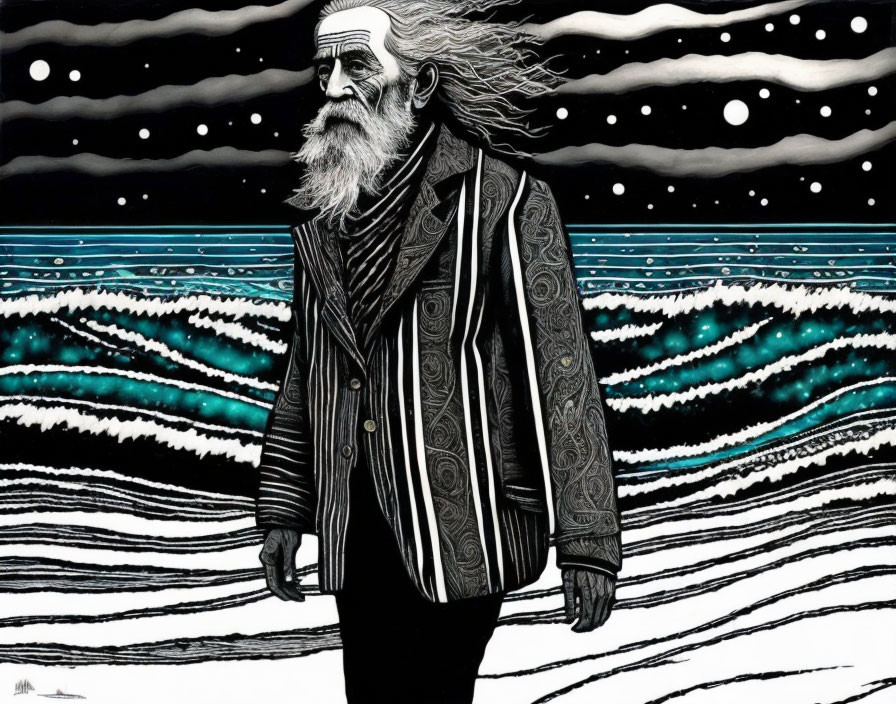 Elderly man with long beard in patterned jacket on wave and star backdrop