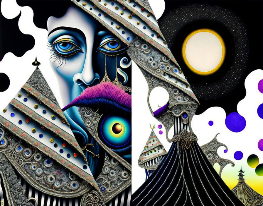 Abstract Surrealistic Artwork: Eyes, Faces, and Geometric Forms in Cosmic Setting