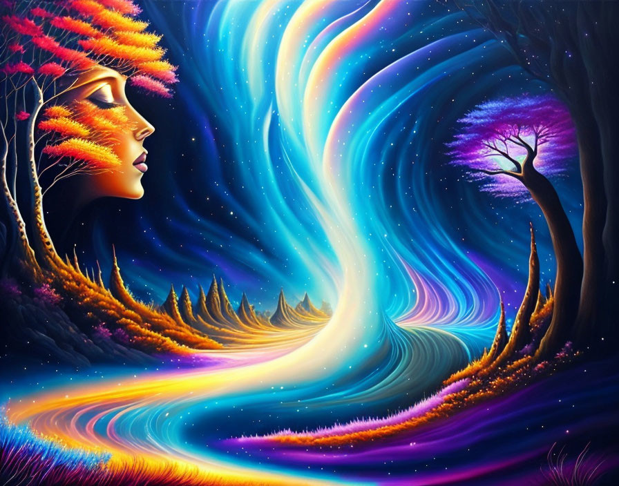 Colorful Abstract Art: Woman's Profile Merged with Cosmic Landscape