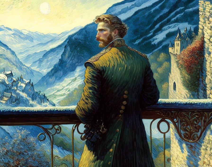 Bearded man in historical attire gazes at moonlit mountain scene