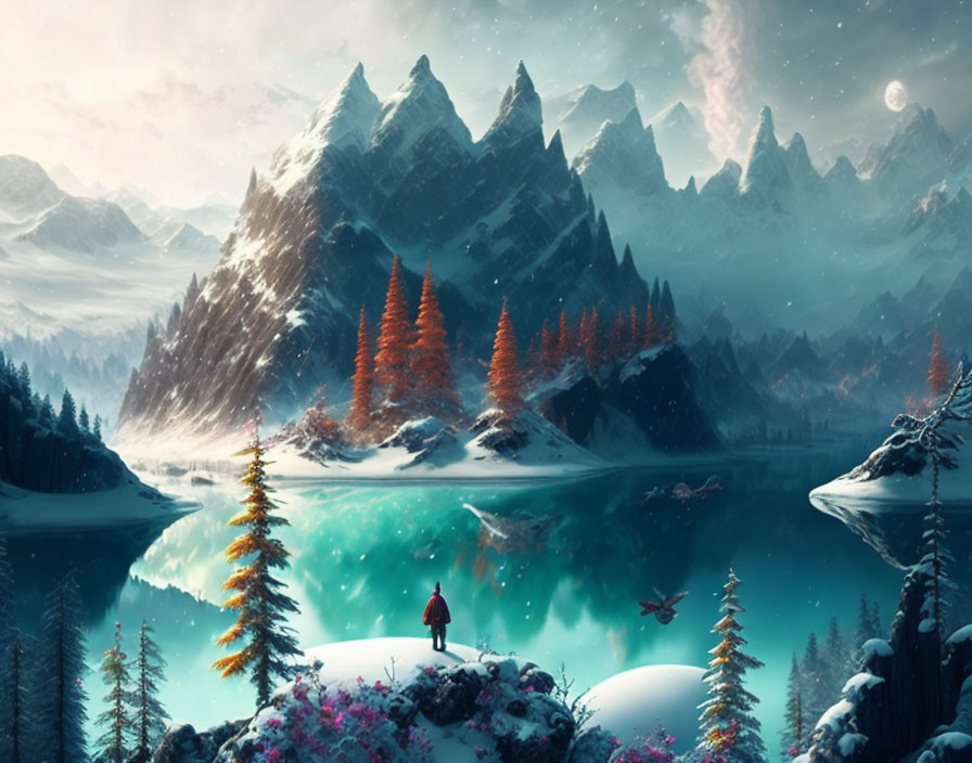 Person admiring turquoise lake, snow-capped mountains, autumn forest, twilight sky