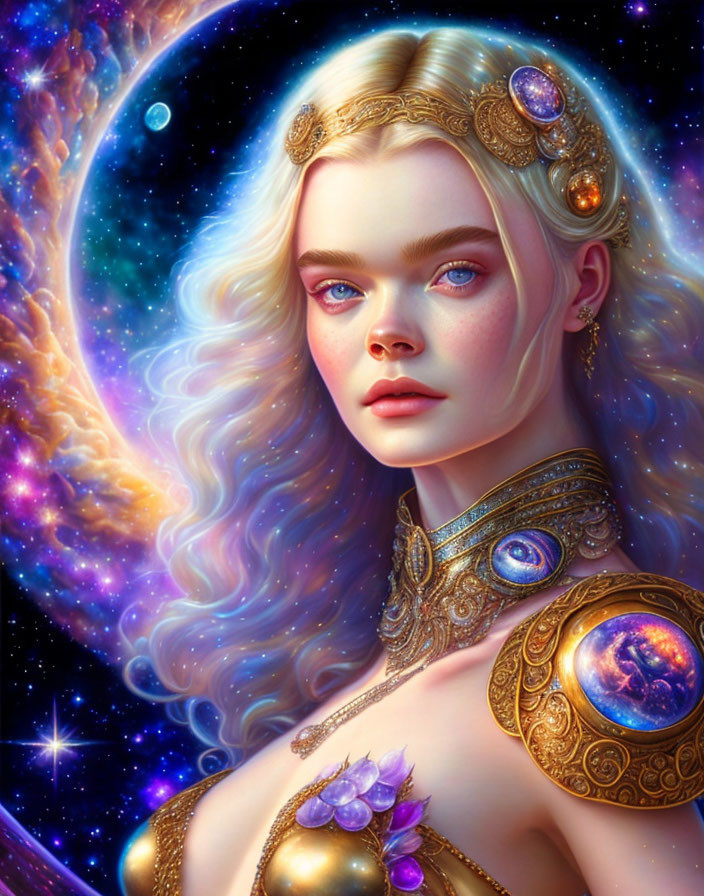 Fantasy illustration: Woman with cosmic adornments in starry space.