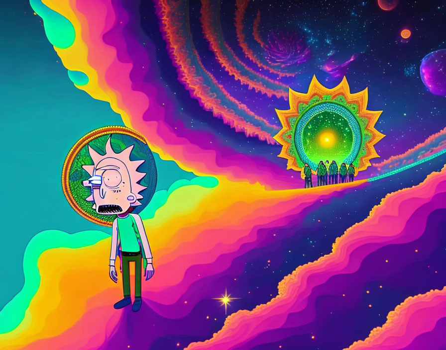 Vibrant surreal illustration of person in psychedelic landscape