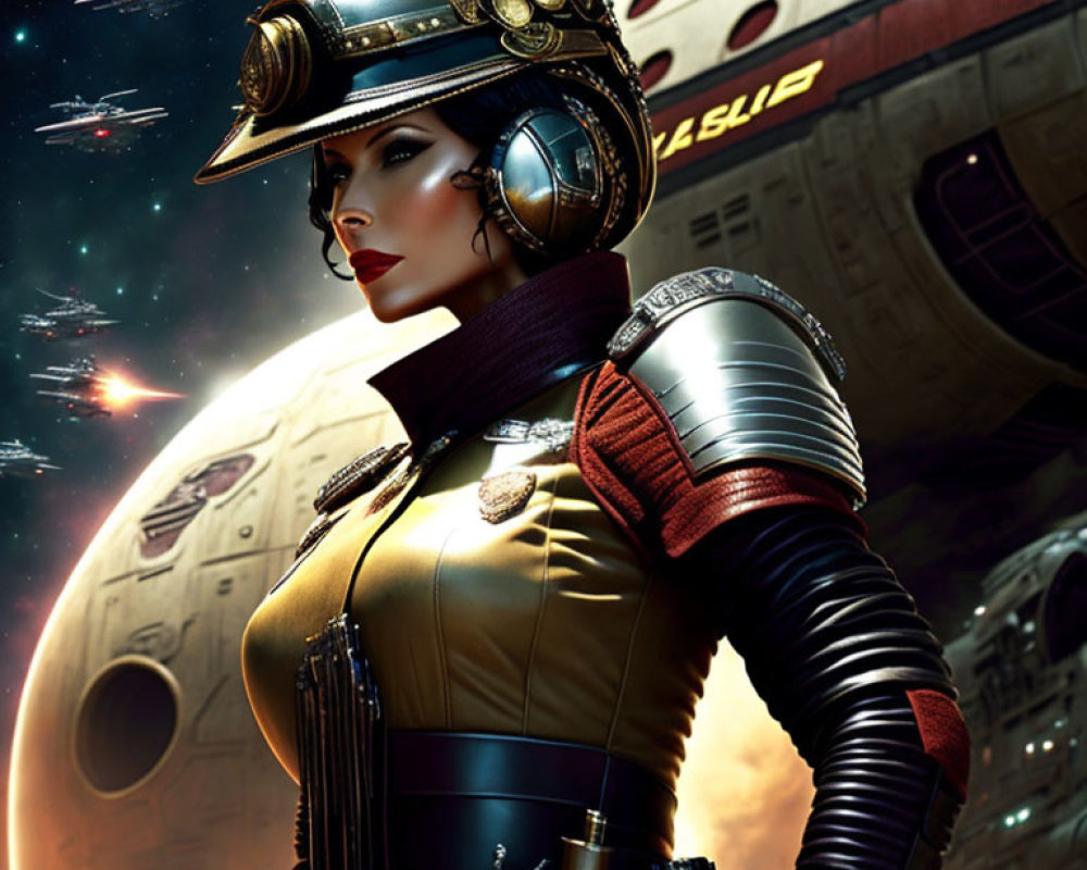 Futuristic female officer in stylized uniform with spaceship and stars.