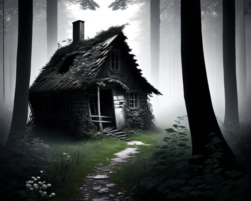 Abandoned cottage in misty forest with overgrown surroundings