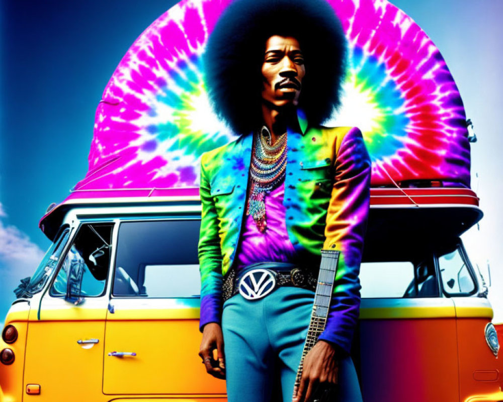 Man in retro attire with afro poses with VW van in psychedelic setting.