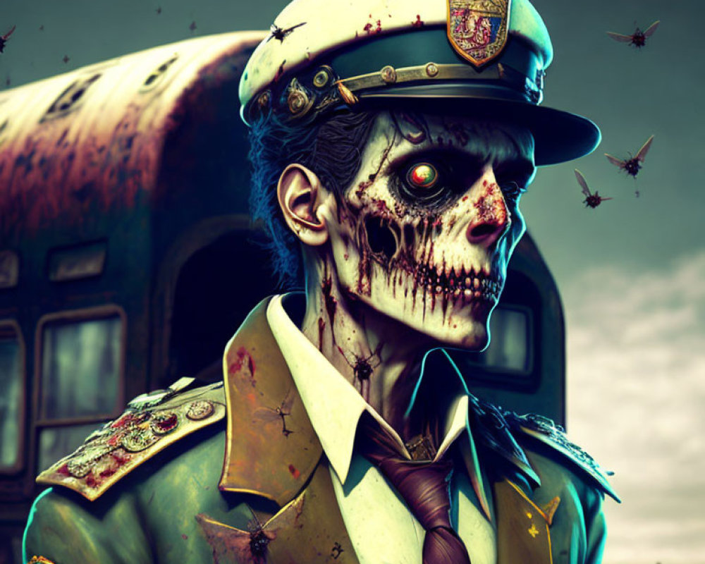 Skeletal military officer with eye patch in uniform among flies and crosses