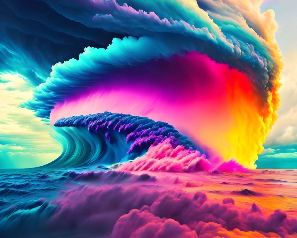 Surreal digital artwork: Vibrant neon wave blending into dreamlike sky