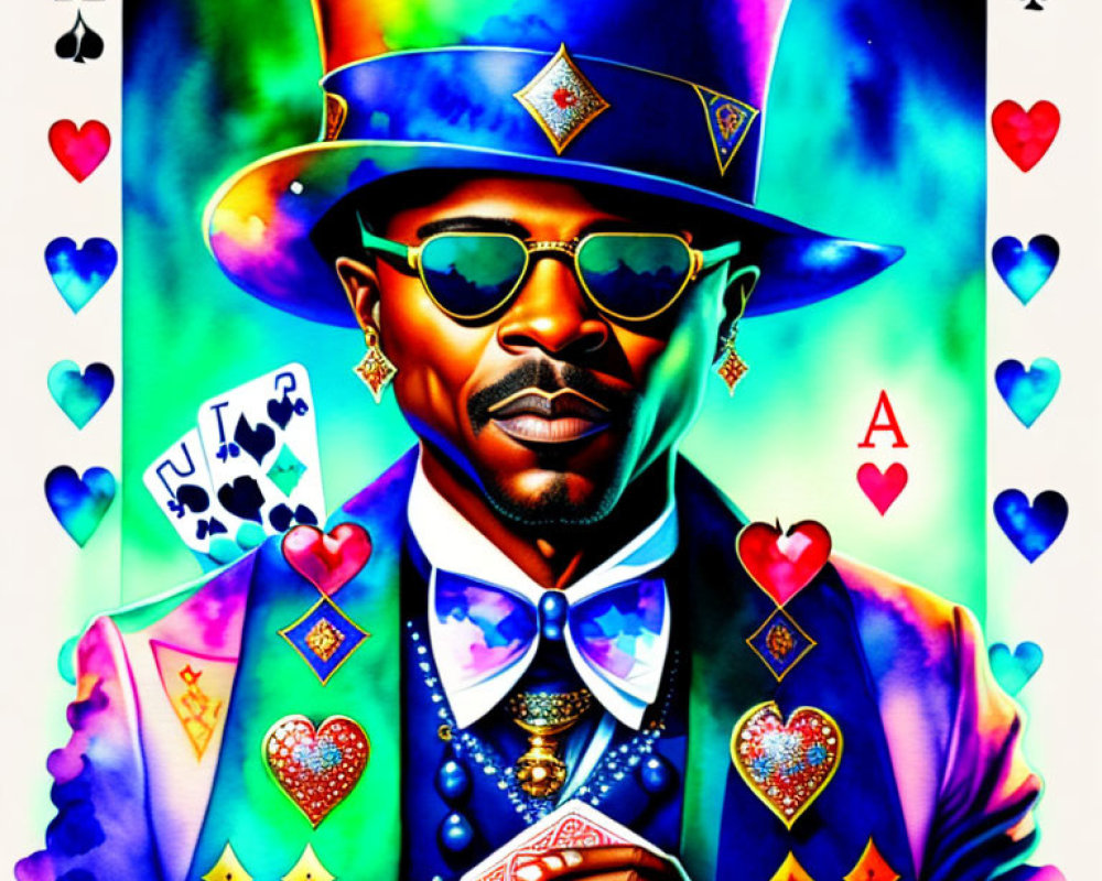 Vibrant illustration of stylish man with playing cards and card suits on psychedelic background